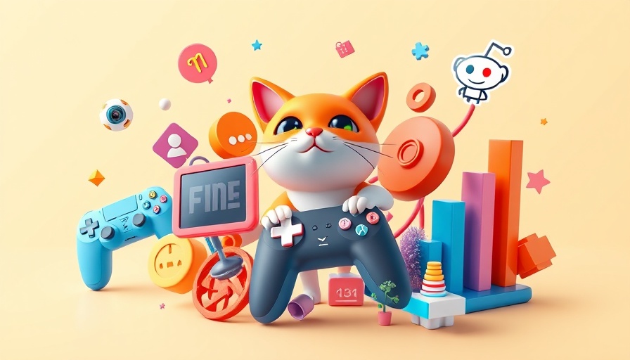 Vibrant 3D collage featuring Reddit logo and icons.