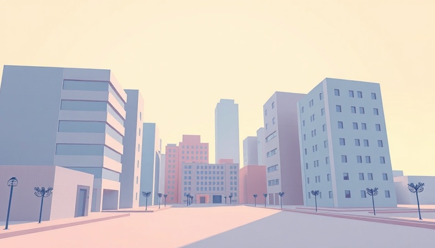 Simplified geometric city buildings illustration, peaceful and minimalistic.