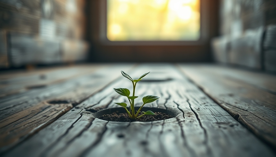 Young plant emerging through floor, emphasizing resilience and growth. Learn to live lightly.