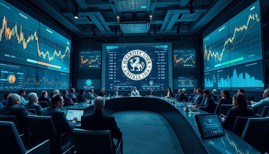 Futuristic SARB monetary policy meeting with digital screens.