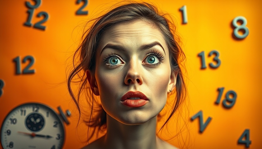 Surreal painting of a woman blowing clock numbers with an orange background.