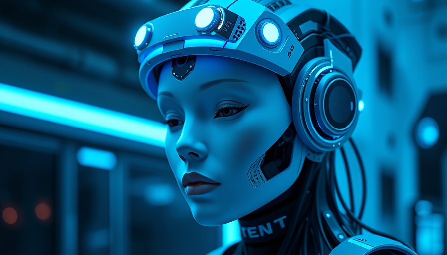 Futuristic AI humanoid with digital circuits in sci-fi setting.