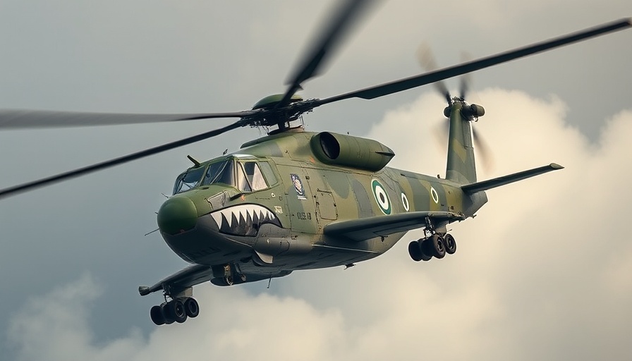 Military helicopter with shark mouth nose art in flight, Ivory Coast Air Force modernization.