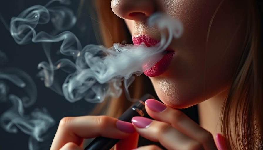 Woman exhaling vapor from vape pen, vibrant background.