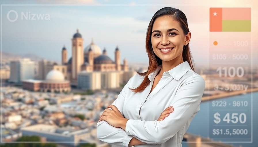 Expats in Oman: Smiling woman in front of Nizwa skyline and Oman map.