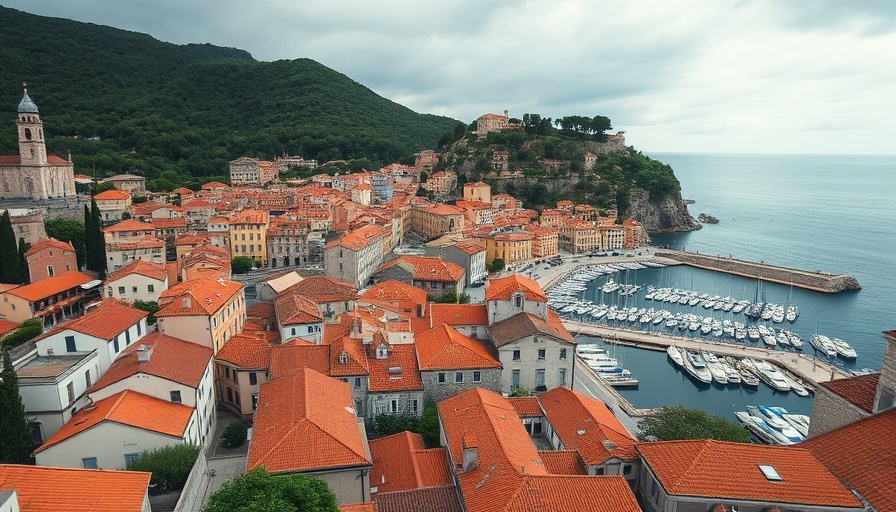 Aerial view of a European city with marina and terracotta roofs, 2025 travel.