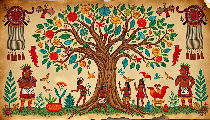 Mesoamerican art with tree illustration highlighting color significance.