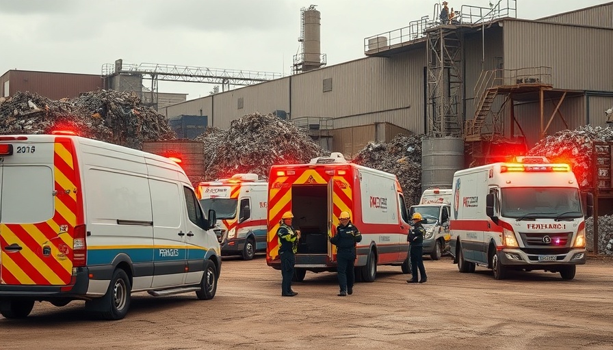 Emergency vehicles at Pretoria recycling plant explosion site.