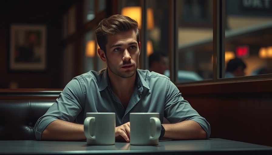Thoughtful man exhibiting behaviors of unhappiness in a diner.