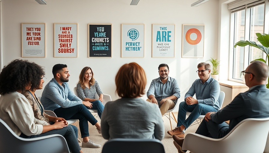 Group therapy session promoting addiction treatment awareness.