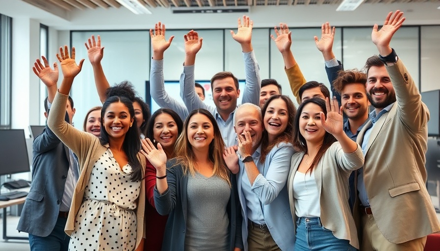 Mission-driven marketing team celebrating success in modern office.