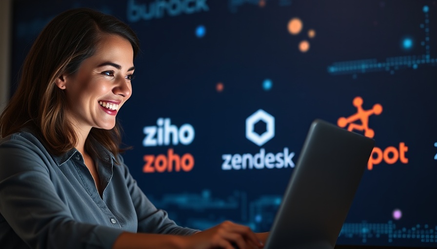 Smiling woman with laptop, migrate from Zoho and Zendesk to HubSpot concept