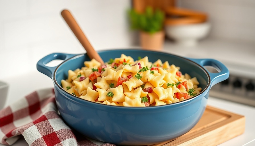 Bow-tie pasta salad in a bowl and pot on an induction stove.