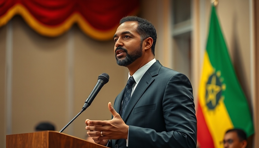 Ethiopian leader addressing audience next to flag.