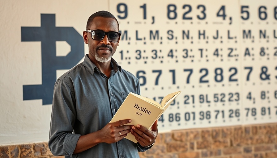 Man holding Braille book in front of Braille wall in Mali, educational setting.
