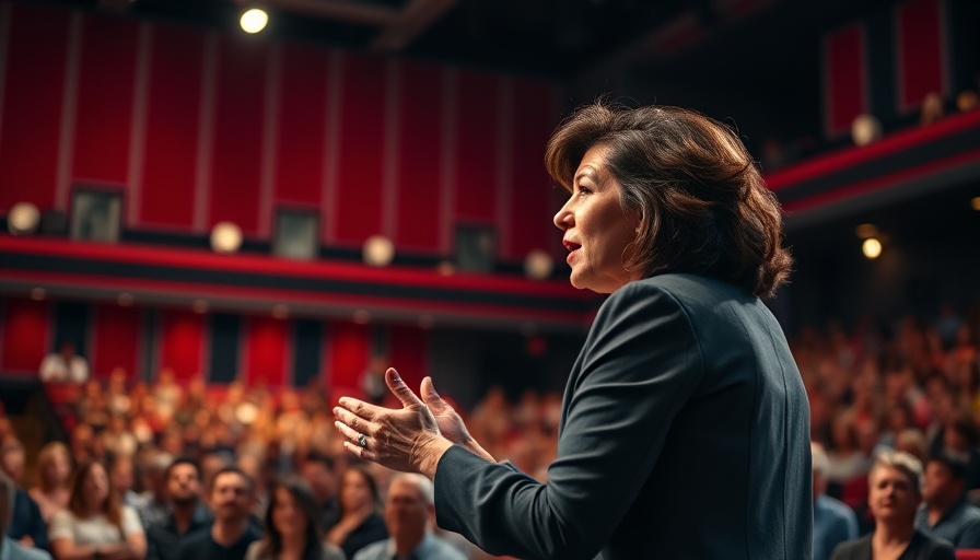 Selfless mindset speaking event, woman engaged in speech on stage.