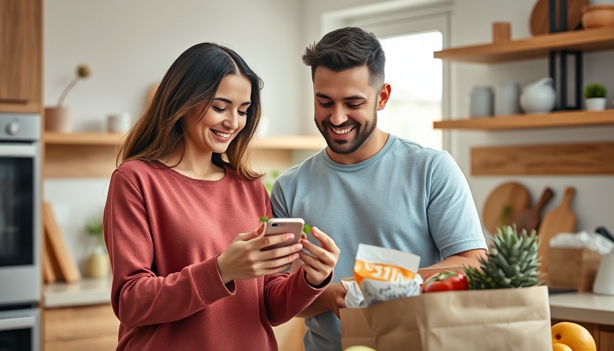 Smiling couple managing finances with a grocery app in a bright kitchen.