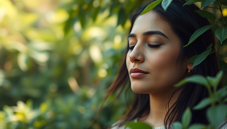 Woman meditating peacefully in a garden, conveying serenity and calm.