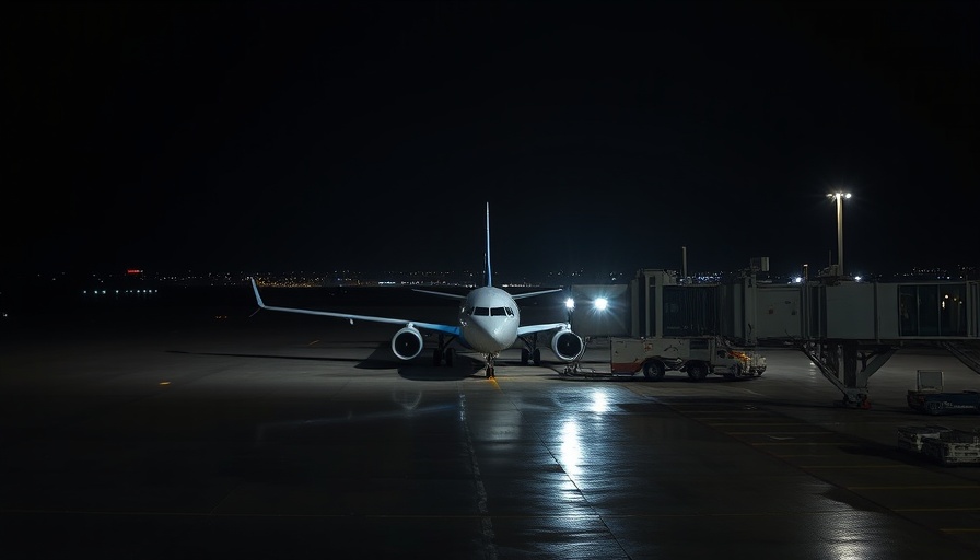 Nighttime view at airport with airplane parked, wet runway reflecting lights.