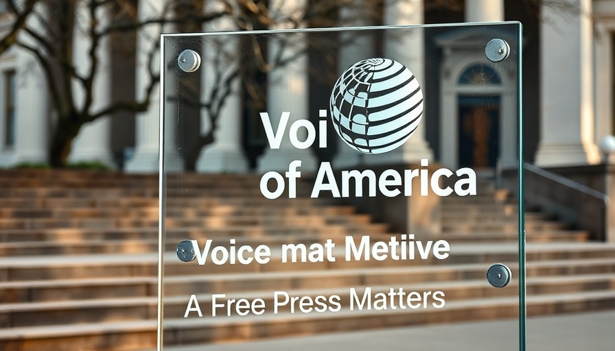 Voice of America sign with quote, outdoors, reflecting trees, lawsuit context.