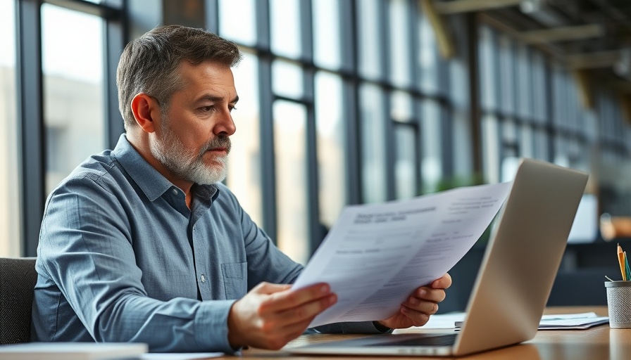 Midlife entrepreneur auditing documents in a modern office.