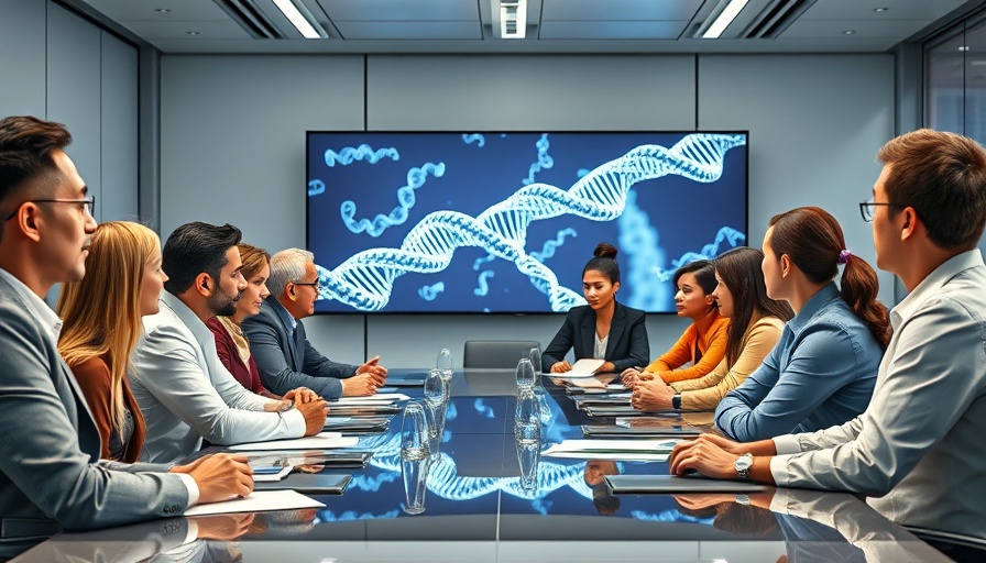 Account-Based Marketing Life Sciences meeting in futuristic boardroom with DNA display.