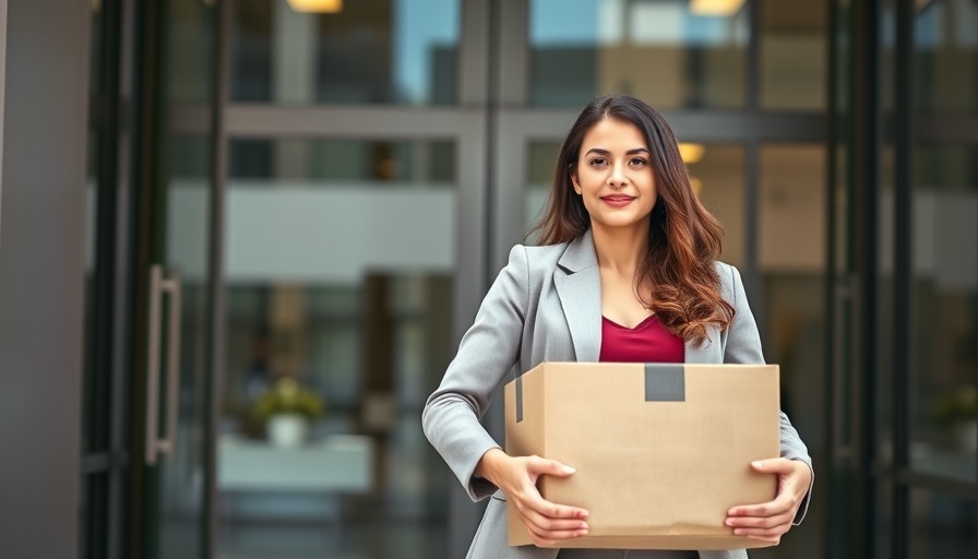 Professional returning to office carrying box, bright building facade.