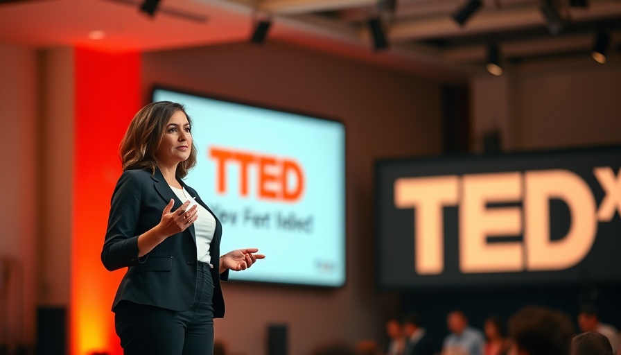 Woman speaking at TEDx event on stage, discussing how to revitalize the U.S. economy.