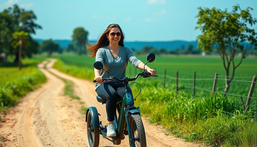 Woman riding an electric tricycle on rural road with greenery.