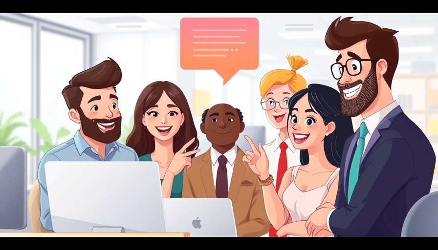 Group of animated coworkers discussing benefits of workplace friendships.