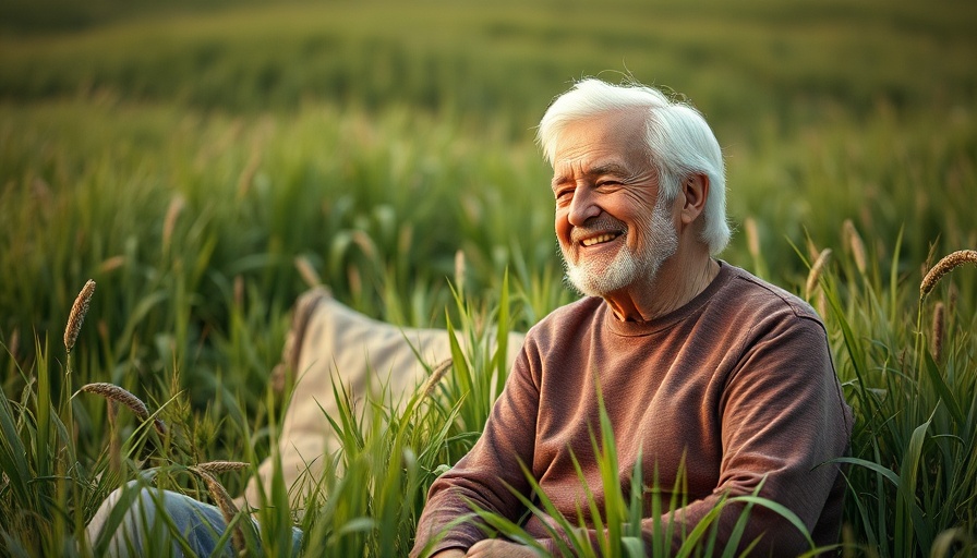Older couple enjoying a peaceful moment in a green field, representing the least stressful decade of life.