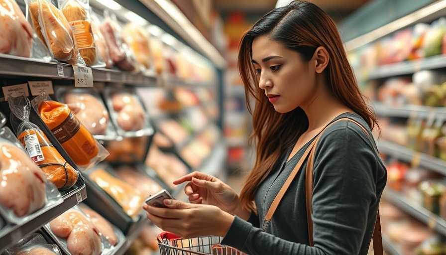 Shopper inspects chicken packaging for hidden chemical cocktail.