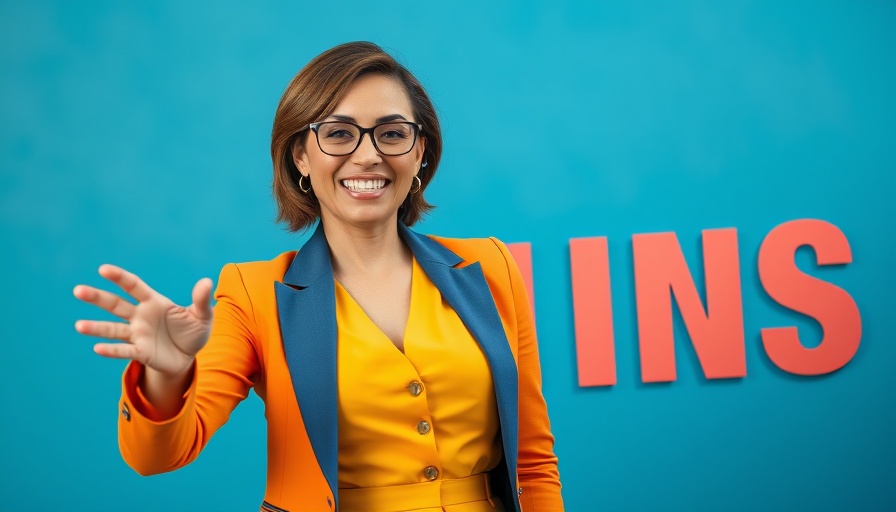 Smiling woman gesturing against blue background for customer experience scorecard.