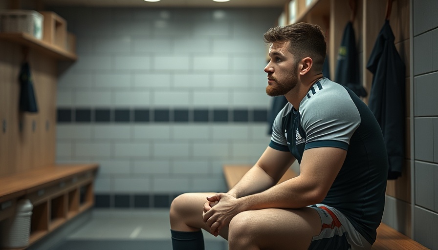 Thoughtful rugby player in Stormers jersey reflecting in locker room.