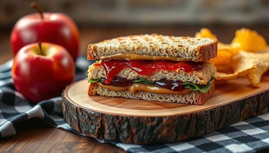 Peanut butter and jelly sandwich with apple and chips.