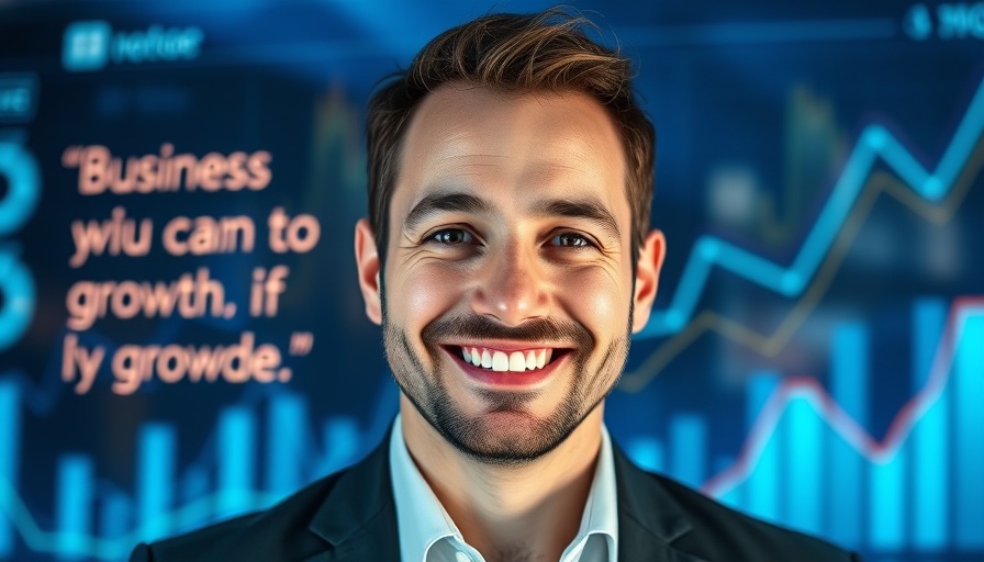 Business executive with growth quote in corporate setting.