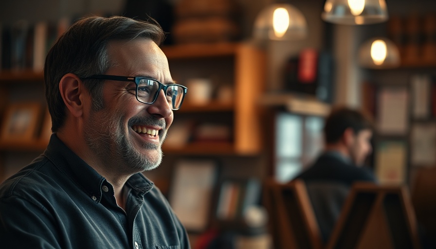 Man in a cozy setting smiling and conversing, related to couples therapy.