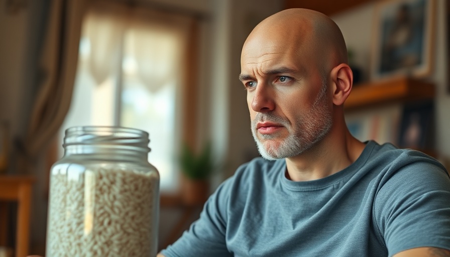 Cut Carbs, Glucose & Calories from Rice: Man with jar, motivational setting.