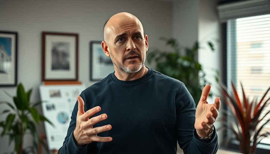 Middle-aged man explaining signs of fatty liver disease in an office setting.