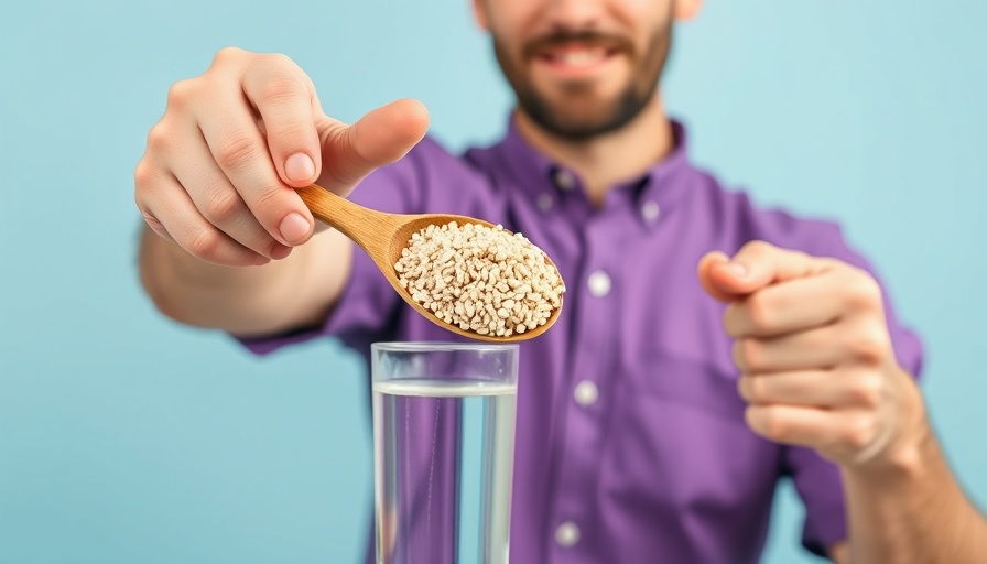 Man showcasing benefits of psyllium husks with spoon and glass.