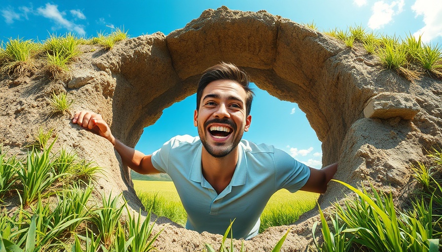 Smiling man emerging from a hole in a green field, OCD Treatment