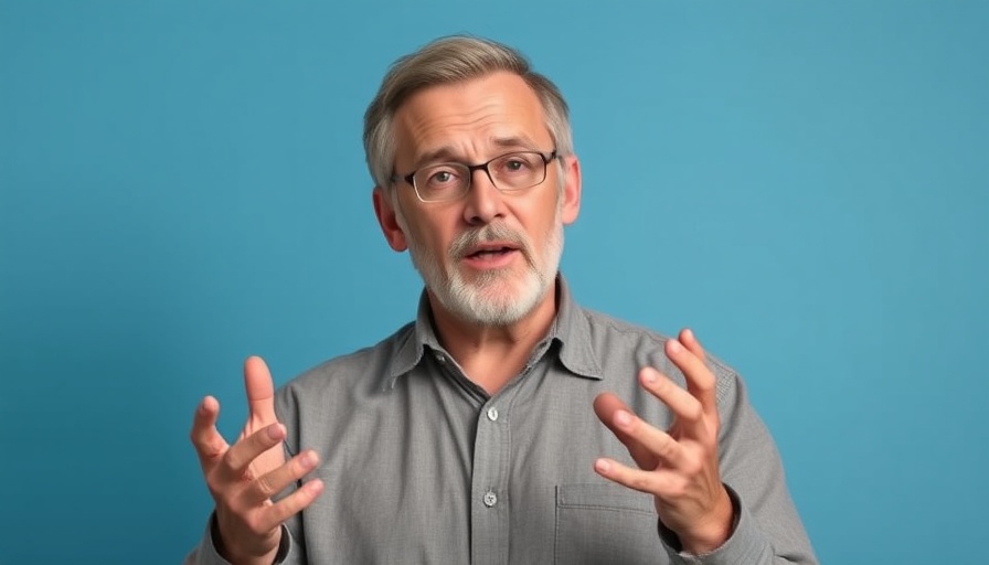 Middle-aged man gesturing in an explanatory manner against blue background, OCD Treatment.