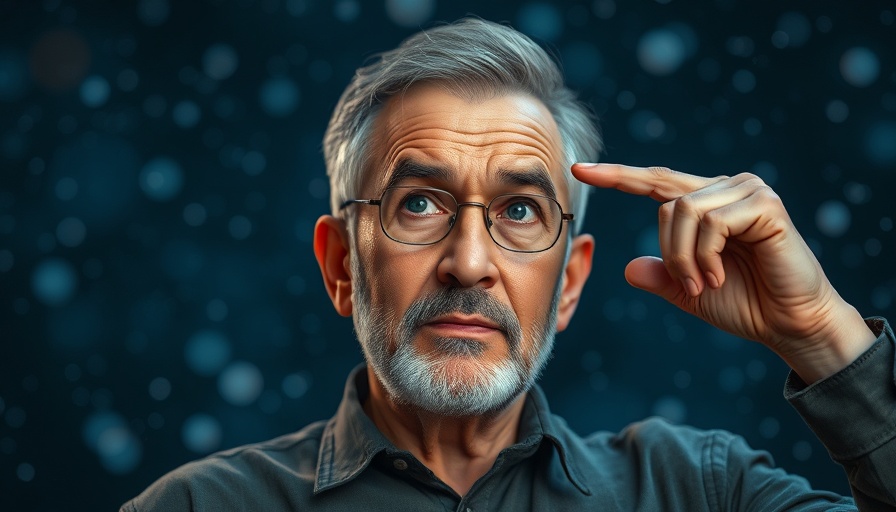 Middle-aged man pondering OCD symptoms origin, cosmic background.