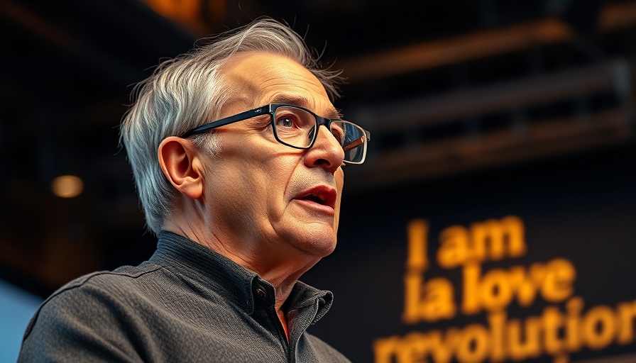 Elderly man speaking on stage promoting mental health awareness.