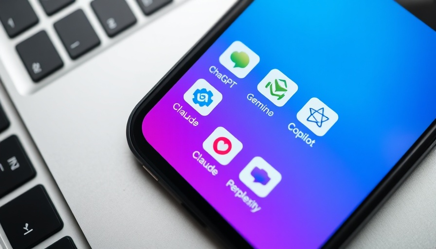 Close-up of smartphone with AI app icons near laptop keys, AI in digital marketing.