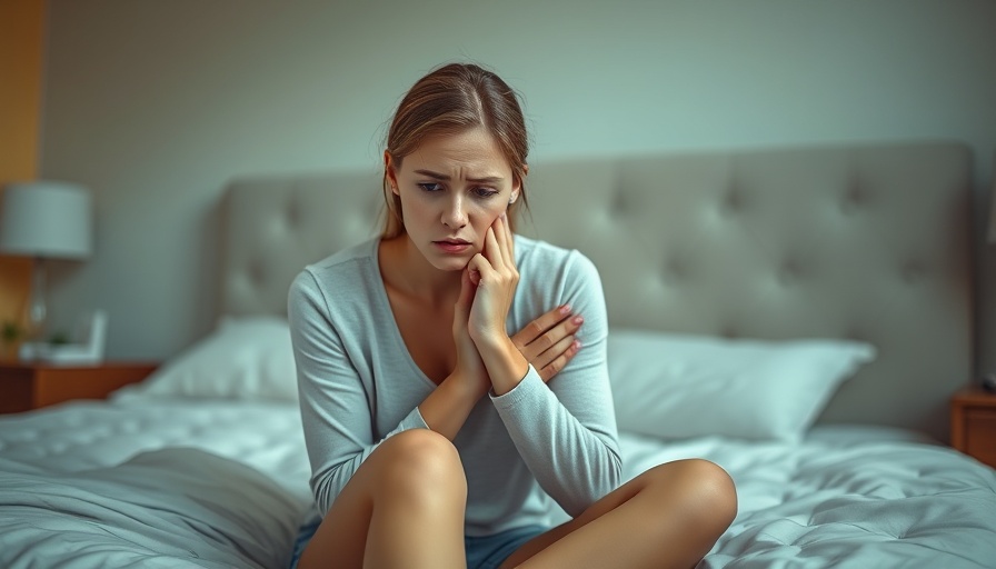 Anxious young woman sitting on a bed expressing worry.