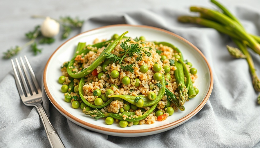 Fresh snap pea asparagus quinoa salad on a plate.