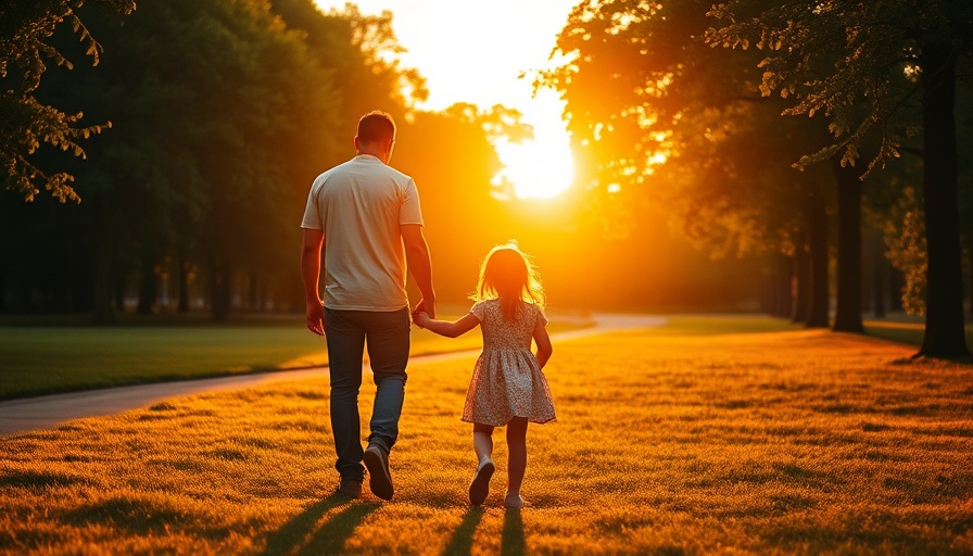 Father and daughter walking in park at sunset, highlighting green space mental health benefits.