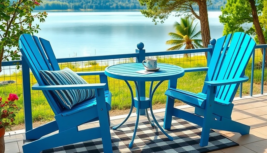 Affordable outdoor furniture by serene lake setting.