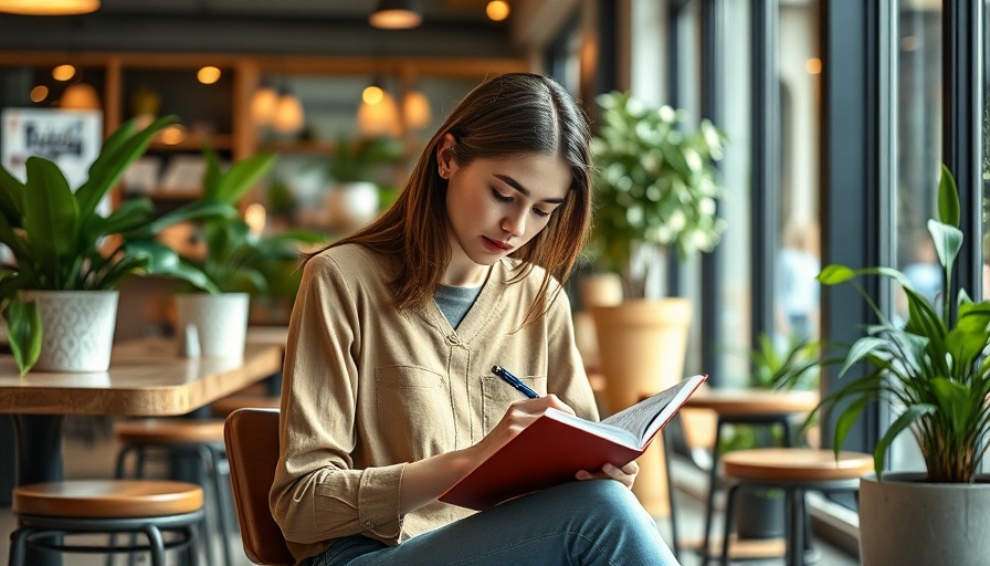 Young woman writing in a cafe, natural light, safe fasting alternatives for parents.